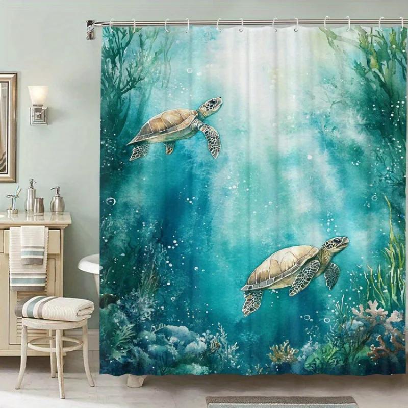 Turtle pattern waterproof bathroom partition, polyester, with hooks, machine washable, suitable for hotel bathroom space