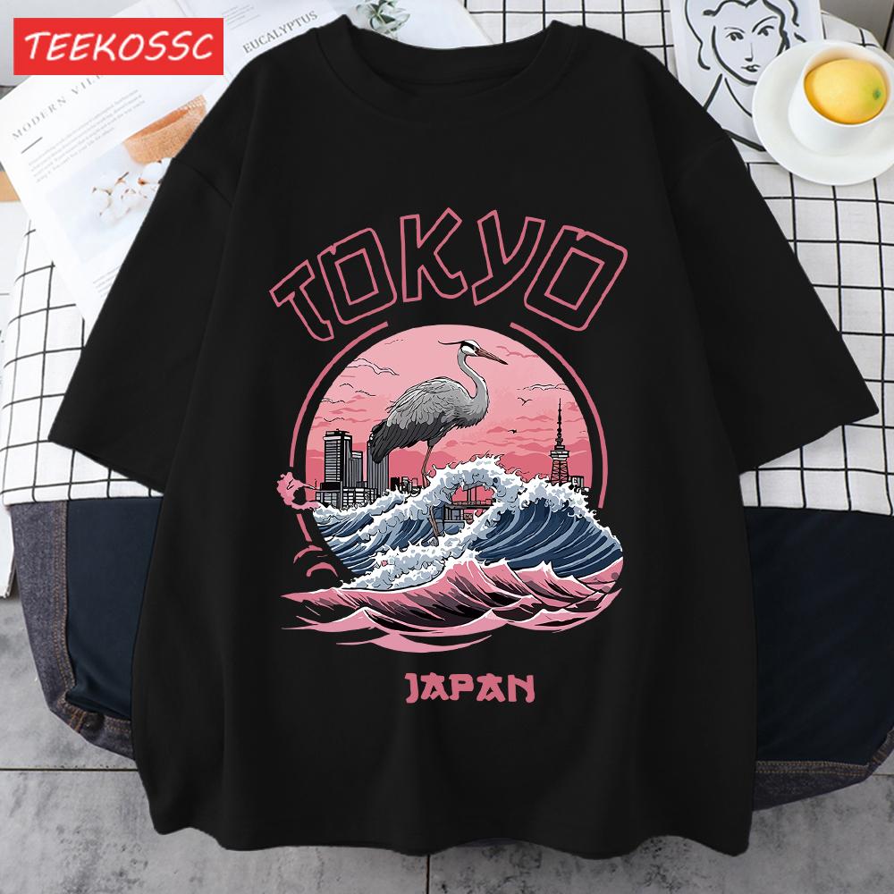 Tokyo Japan Harajuku Crane Waves Men TShirt AllMatch Casual Short Sleeve Cotton Summer Tee Male Hip Hop ONeck Streetwear
