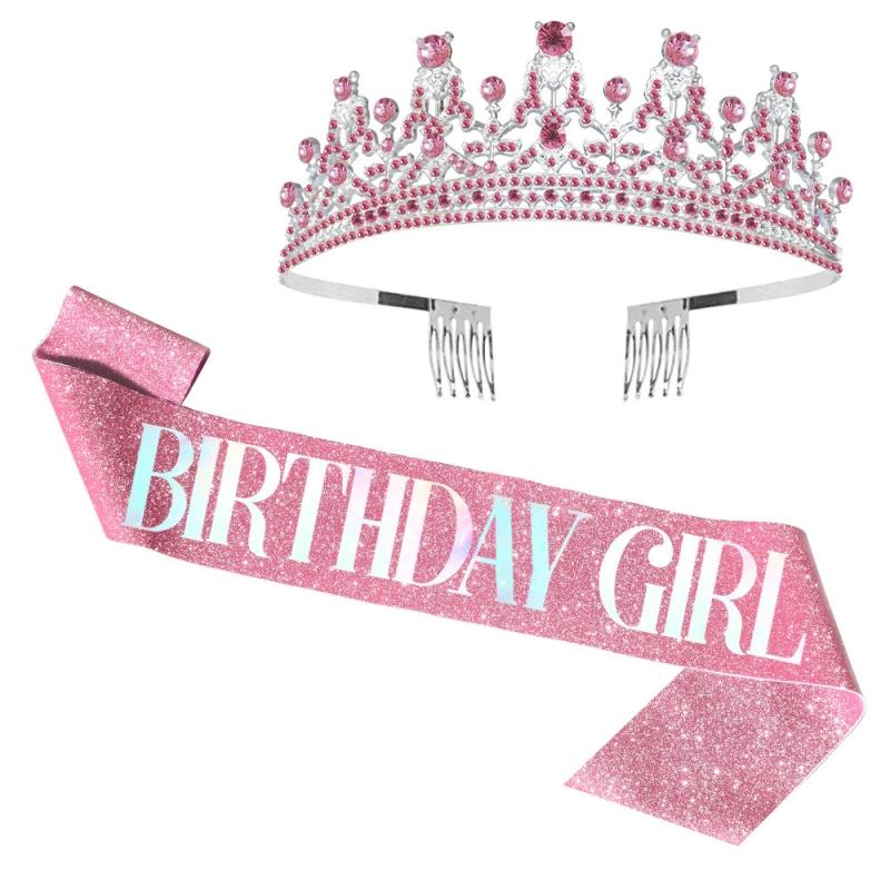 1Set Birthday Girl Satin Sash Rhinestone Crystal Tiara Crown for Women Girls Birthday Party Decorations A Sense of Atmosphere