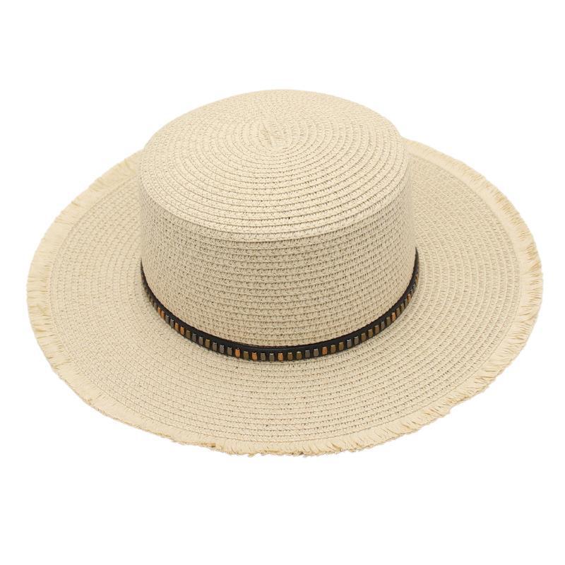 Beaded Flat Top Beach Hat Seaside Visor Rough Rafi Straw Hat Vacation Jazz Hat With Accessories
