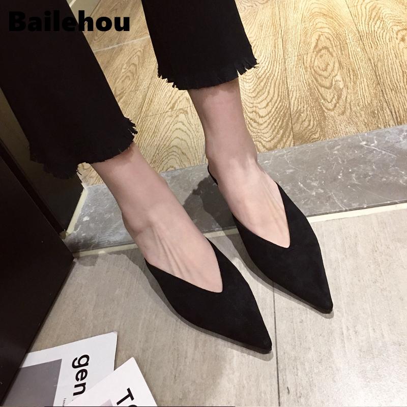 Fashion Bailehou 2025 New Summer Flock Leather Pointed Toe Women Slippers Low Heel Slip On Mules Outsides Ladies Slides Slippers Pumps