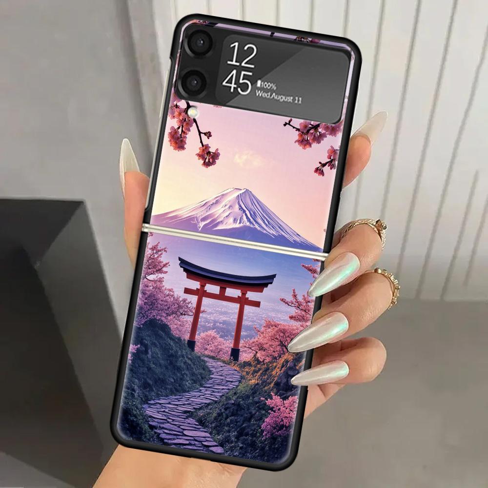 Japanese Cherry Mount Fuji Hard PC Phone Case For Samsung Galaxy Z Flip 7 6 5 4 3 Black ZFlip7 ZFlip6 Flip5 Flip4 Flip3 5G Print