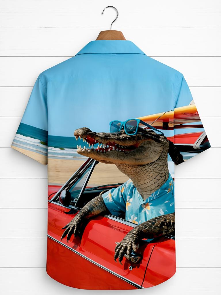 Men'S Short Sleeve Shirt with 3D Crocodile Print Pattern, Fun Casual Resort Top, Breathable Summer Shirt with Vibrant Animal Designs, Lightweight