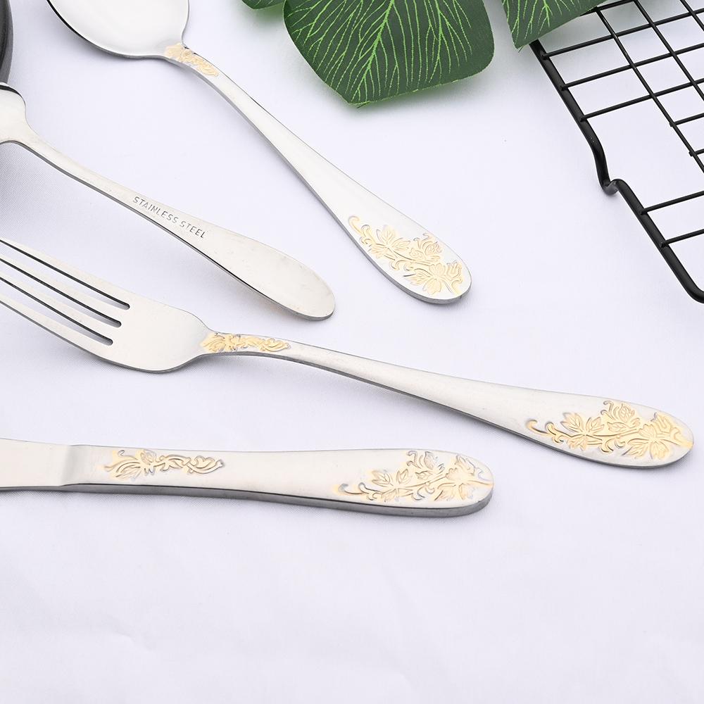 Vintage Western 32Pcs Silver Gold Flatware Cutlery Dining Set Luxury Knife Fork Teaspoon Set Engraving Dinnerware Set for Wedding