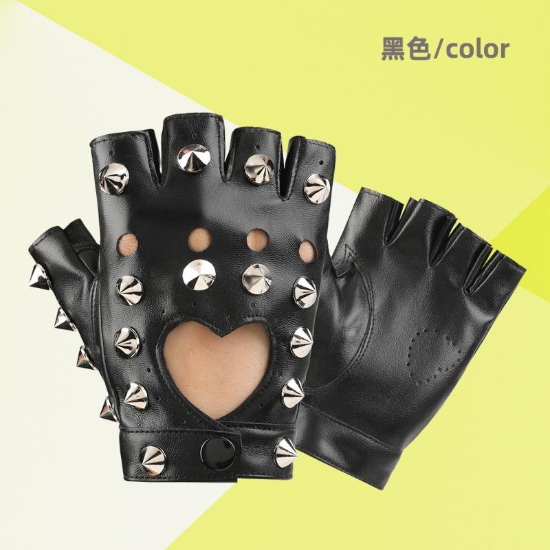 

Перчатки для танцевальных выступлений, реквизит для танца на пилоне, перчатки из кожи с заклепками без пальцев для выступлений в ночном клубе и уличных танцев One size чёрный