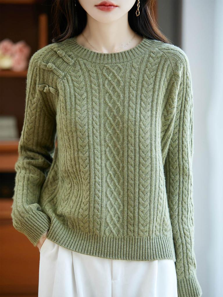 Women's Retro Chinese Style Wool Cable Knit Sweater - Autumn/Winter Versatile Layer Top
