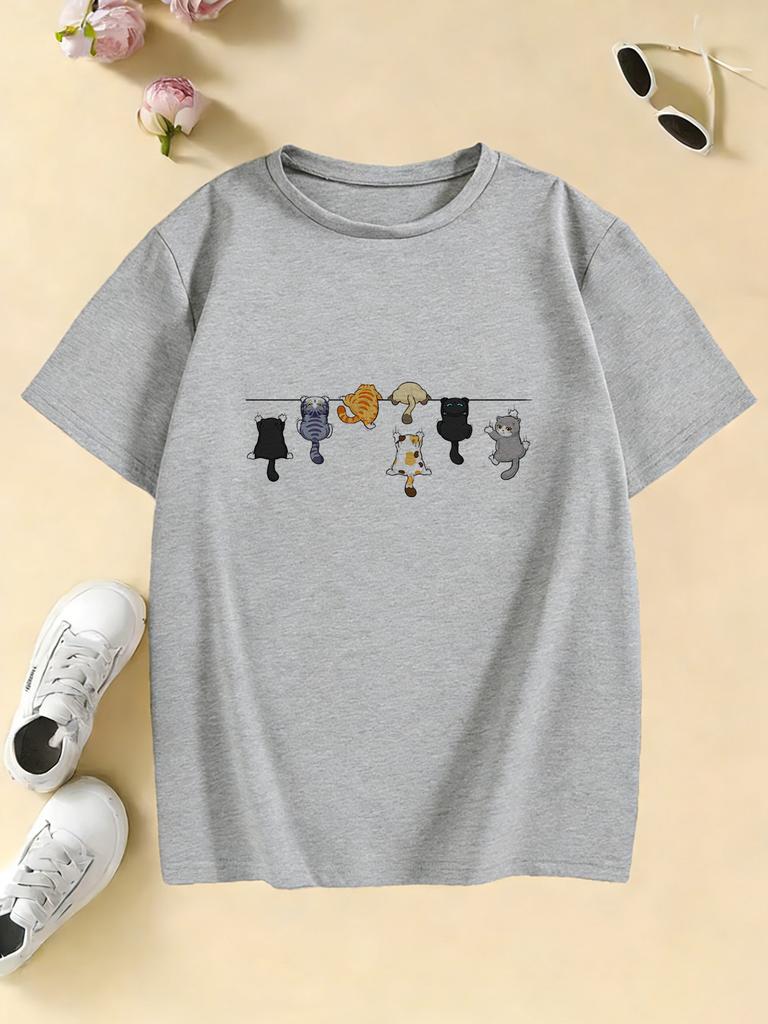 Kletternde Katze Muster Trendiges Design Druck T-Shirts Kurzarm Kinder Kinder-T-Shirt Jungen Mädchen Sommer Frühling Lässiges Oberteil Tee