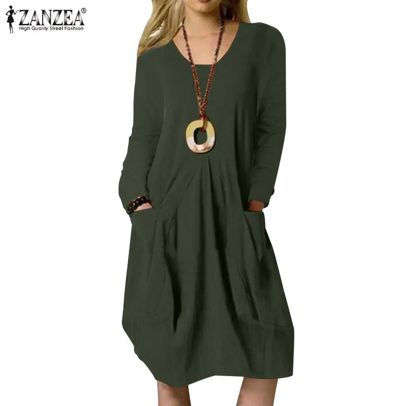 

ZANZEA Женское повседневное однотонное хлопковое платье с круглым вырезом и длинными рукавами
