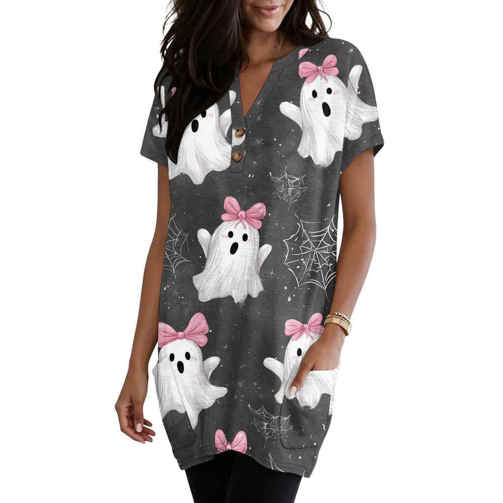 Women's V Neck Pullover Dress Halloween Print Short Sleeve Pocket Casual Loose Fit Tunic Dress