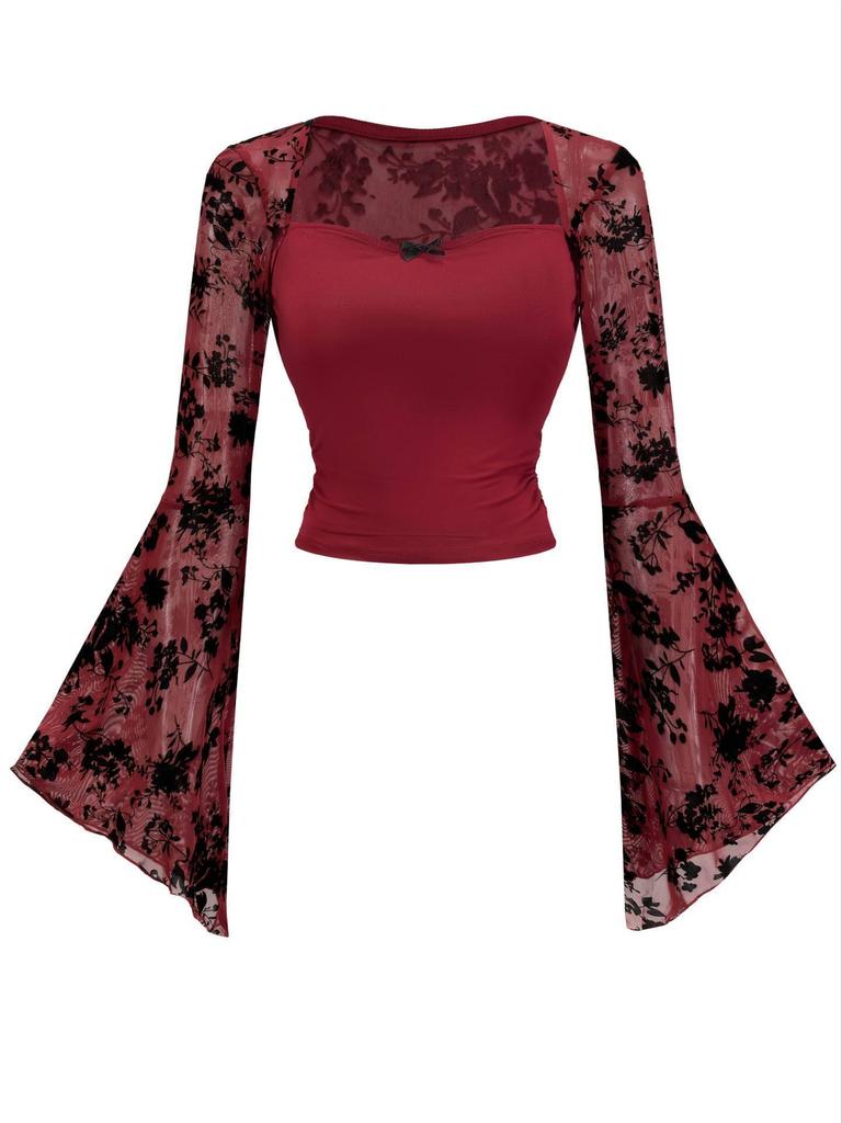 Lace Patchwork Mesh Long-sleeved Top - 2026 European & American Chic