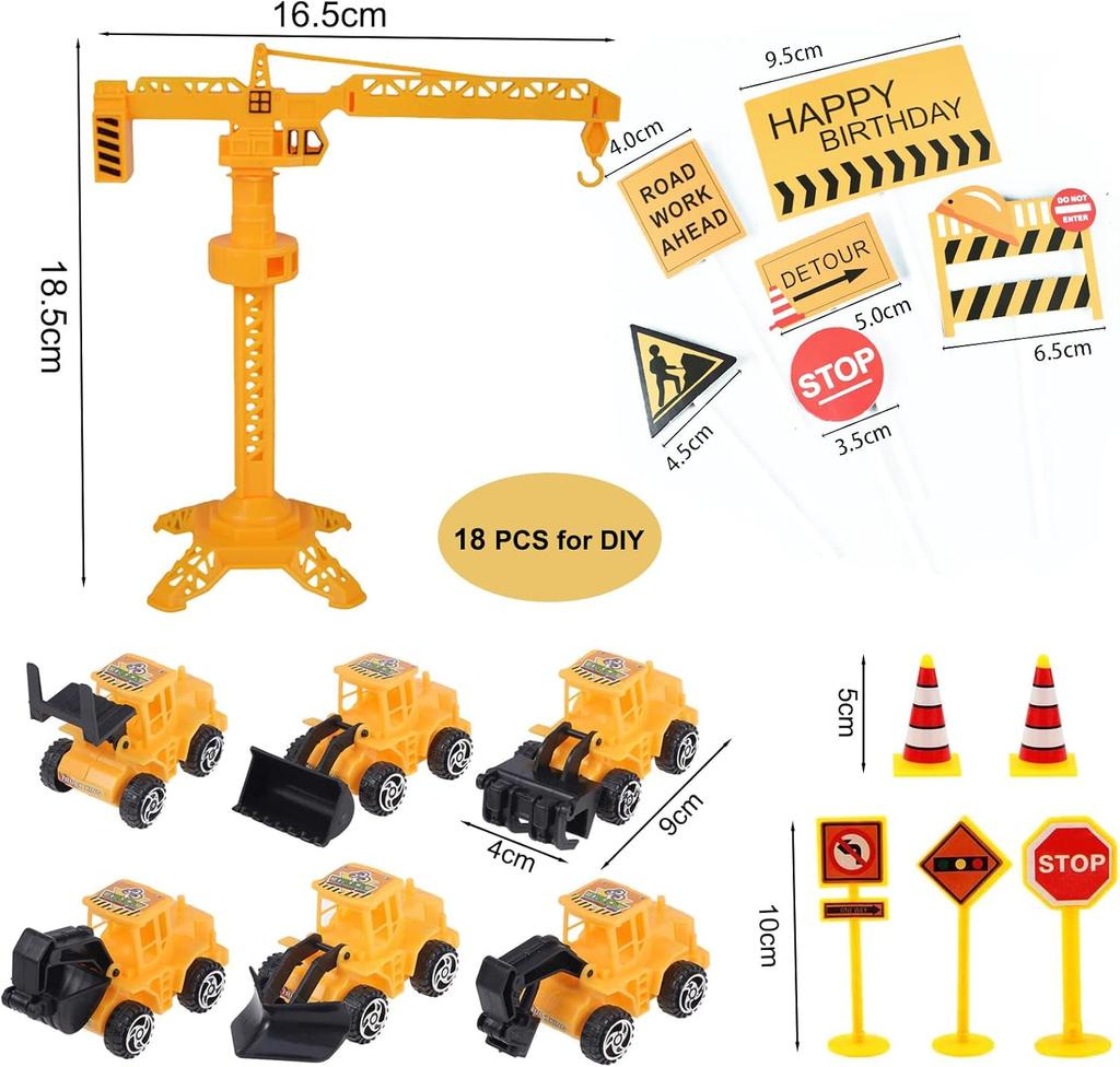 18 PCS Construction Cake Toppers Vehicles Cake Decoration Set Excavator Tower Crane Cupcake Topper Traffic and Road Sign Decor