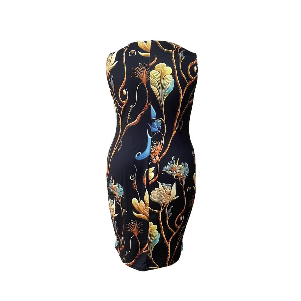 Women's Sleeveless Round Neck Print Elegant Tight Knee-length Dress