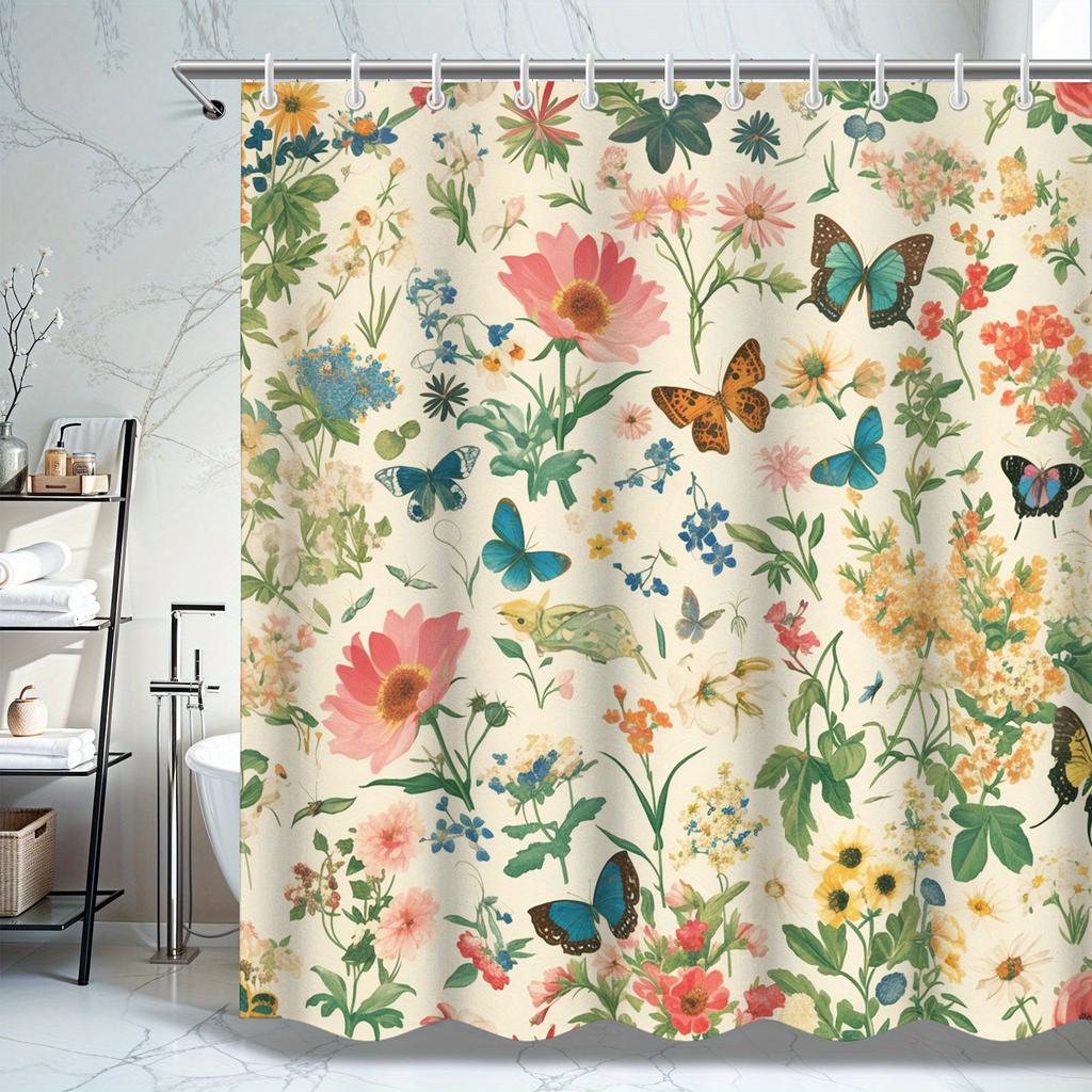 Shower Curtain: Vintage Floral and Butterfly Print for a Charming and Nature-Inspired Bathroom Decor