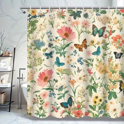 Shower Curtain: Vintage Floral and Butterfly Print for a Charming and Nature-Inspired Bathroom Decor