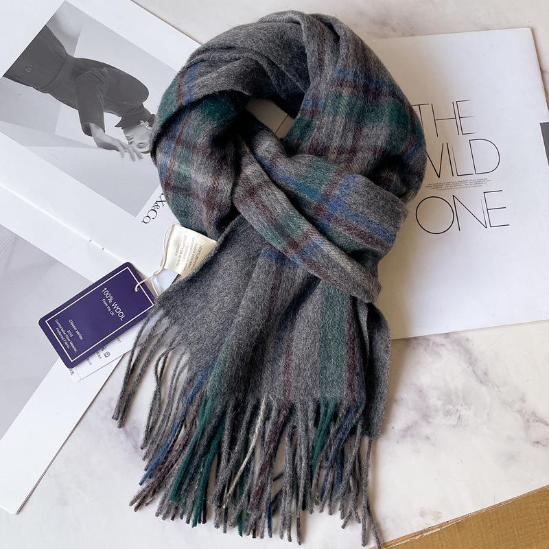 Green Pure Wool Plaid Thickened Warm Scarf Men's and Women's New Winter Couple Scarf Advanced Sense