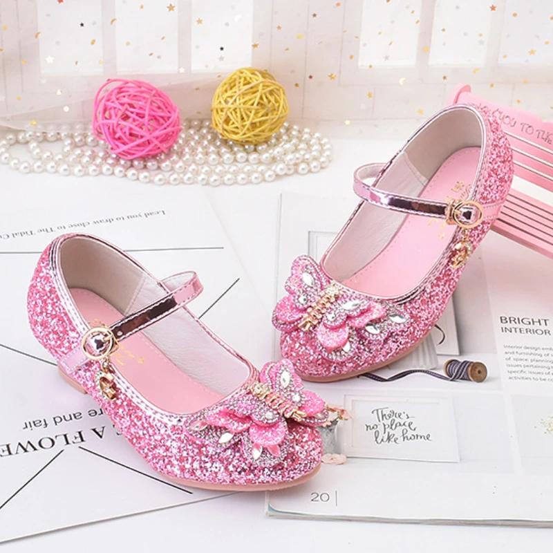 Fashion Children Princess Shoes Glitter Rhinestone Girls High-heels Leather Shoes for Party Wedding Kids Versatile Single Shoes