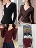 Plus Size Women's Wine Red V-Neck Long Sleeve Base Layer Top - Chic Slimming Autumn Innerwear