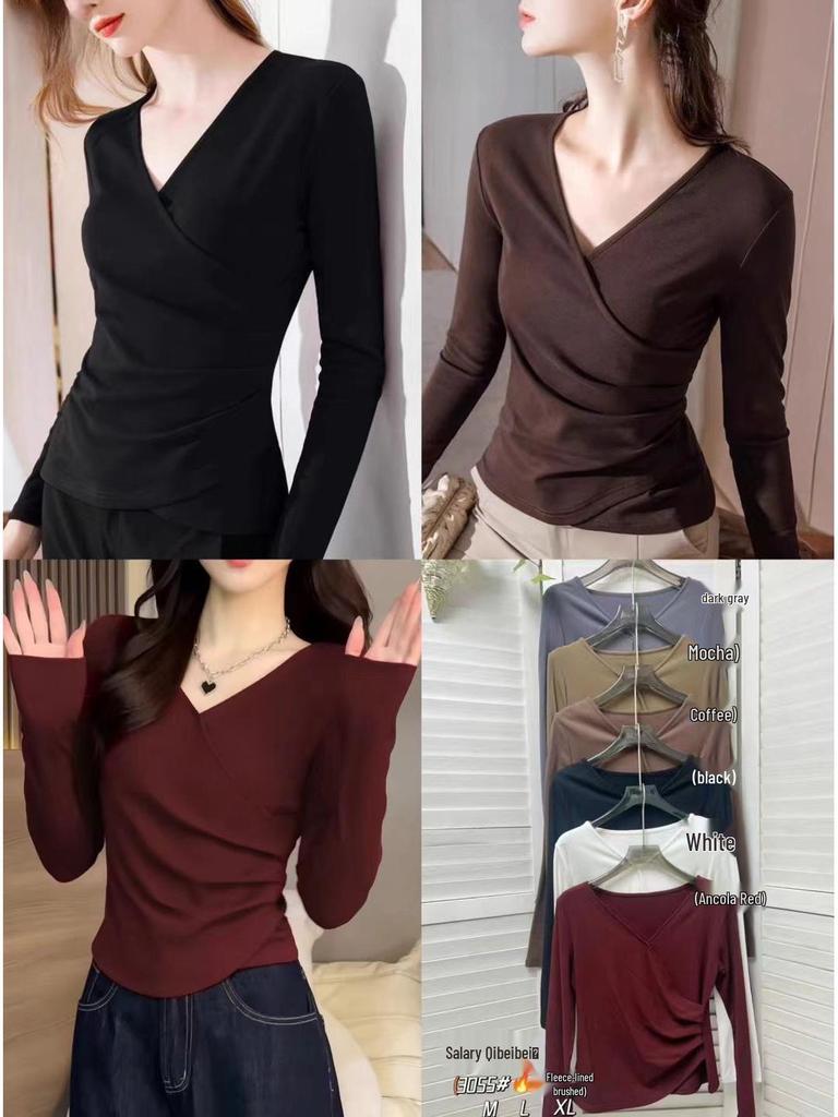 Plus Size Women's Wine Red V-Neck Long Sleeve Base Layer Top - Chic Slimming Autumn Innerwear
