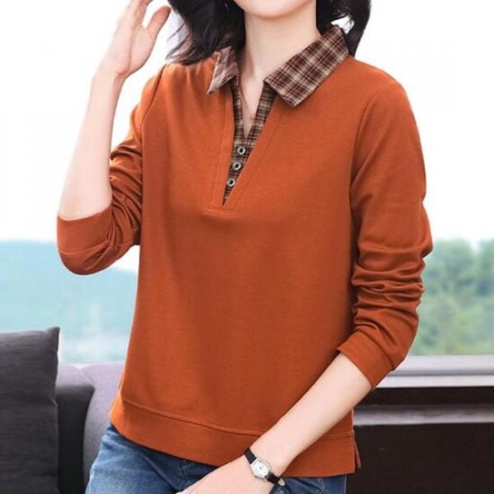 Navava Women Big Size Check BuTTon PoinT Collar Long Sleeve T shirT nT3137