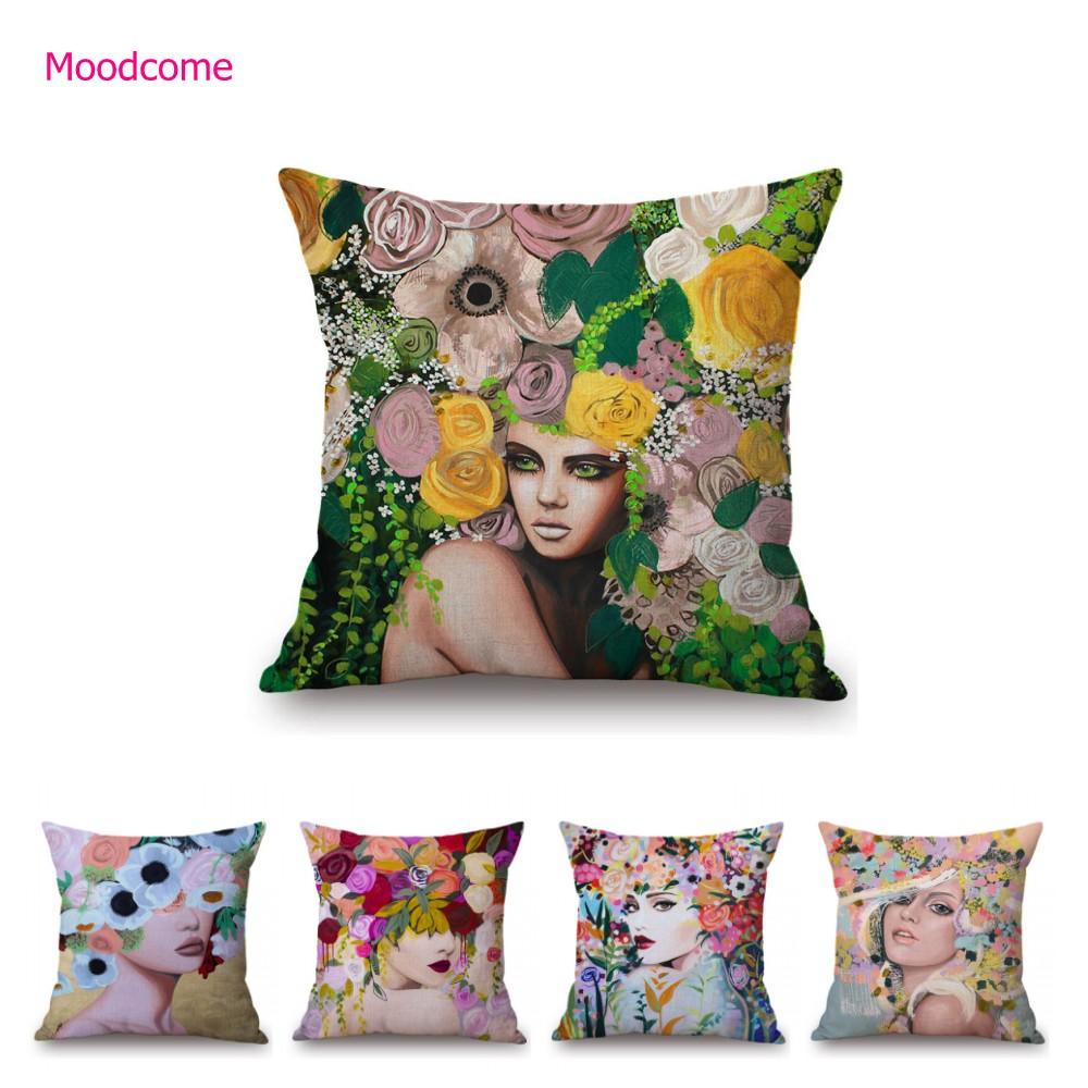 Modern Flower Head Girl Oil Painting Art Cotton Linen Sofa Throw Pillow Case Fashion Floral Lady Decoration Cushion Cover