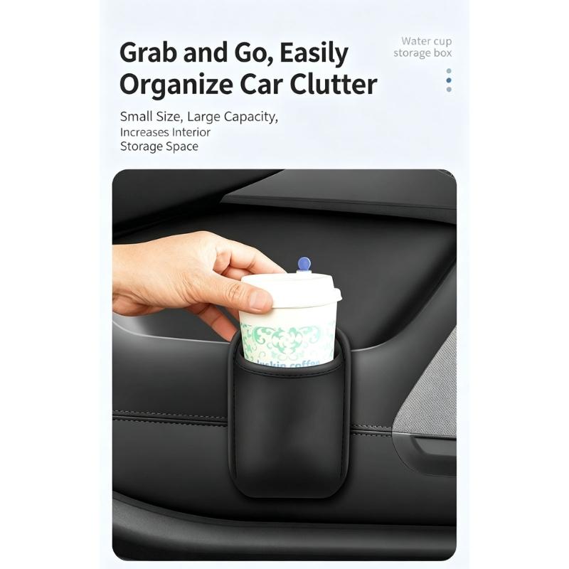 Adhesive Car Door Bin, Faux Leather Cup Storage Tray for Daily Commute Bottle and Small Item Reach in Cars Use