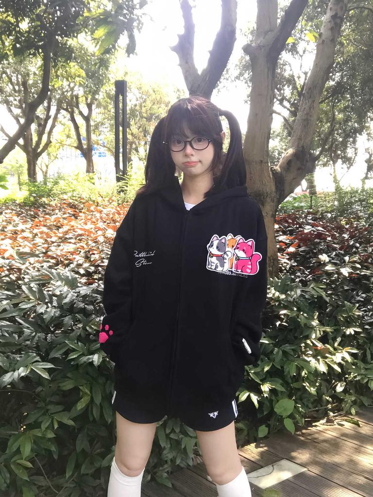 American embroidered kitten Velcro hooded sweater women's 2025 new loose lazy coat