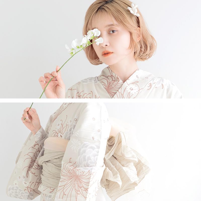 Dita Yukata Set with Obi In Light and Featuring a Watercolor and Translucent Floral Easy To Dress by Yourself Walnut Chrysanthemum Free Women's
