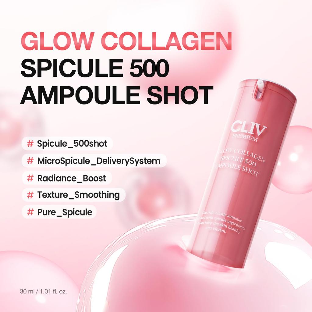 CLIV Glow Kolagenowe Serum w Ampułce ze Spikulami z 500% Kolagenu do Ujędrniania i Nawilżania - Koreańska Pielęgnacja Skóry - 30ml