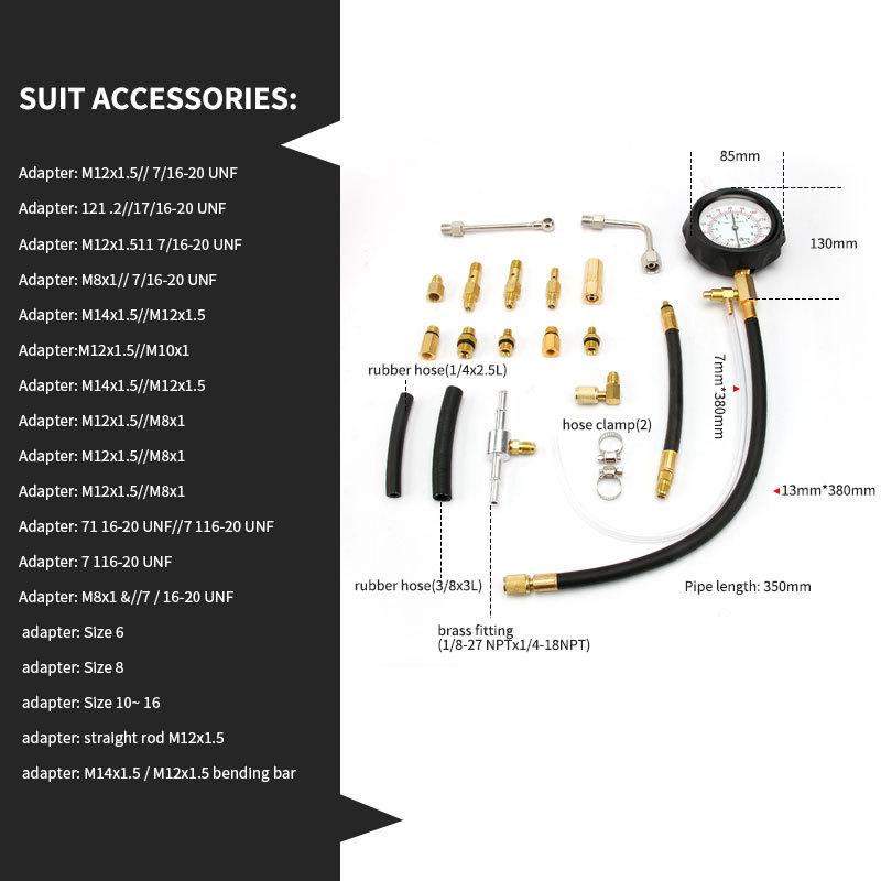 20Pcs Professional Vehicle Fuel Injection Pressure Gauge Meter Manometer Engine Oil Pressure Tester Gauge Diagnostic Test Kit