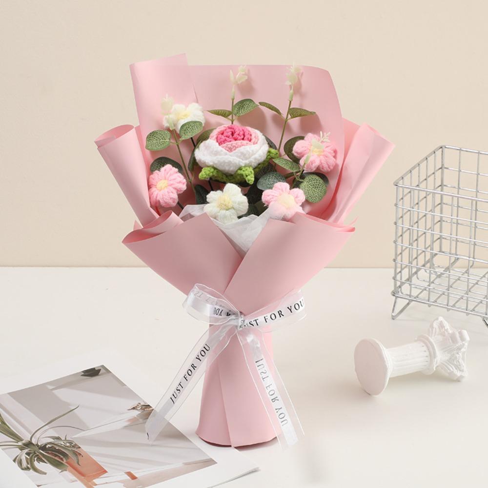 Buquê de Flores Artificiais de Crochê Flor Eterna Feita à Mão Buquê de Formatura Presente de Dia das Mães Aniversário