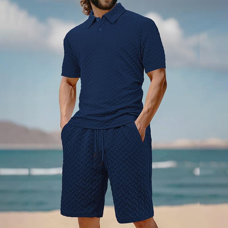 Mens Summer Jacquard Polo T Shirt And Shorts Casual Set