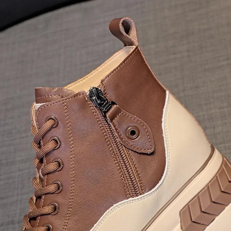 Mode 2025 High Top Damen Schuhe Echtes Leder 8cm Plateau Stiefel Keil Versteckter Absatz Reißverschluss Frühling Herbst Warmes Fell Winterschuhe Sneaker