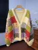 Handmade Distressed Colorful Plaid Color Block Sweater Coat for Autumn/Winter