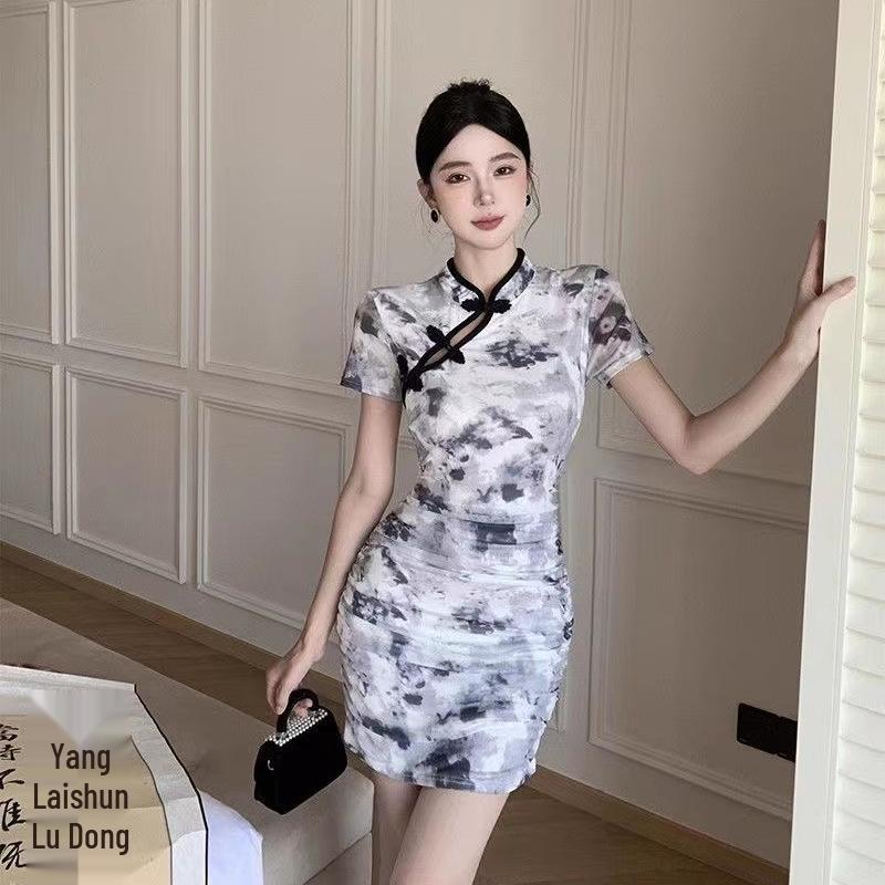 Retro Batik Graffiti Cheongsam Kleid mit Froschknöpfen - Damen Sommer Schlanke Taille Kurzer Rock