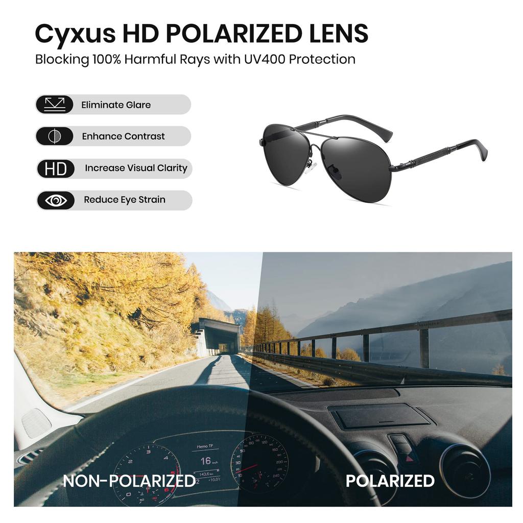 Cyxus Teardrop Sunglasses with Colored and Polarized Lenses for UV400 Perfect for Mountain and More Black Men's Protection, Driving, Fishing, Golf,