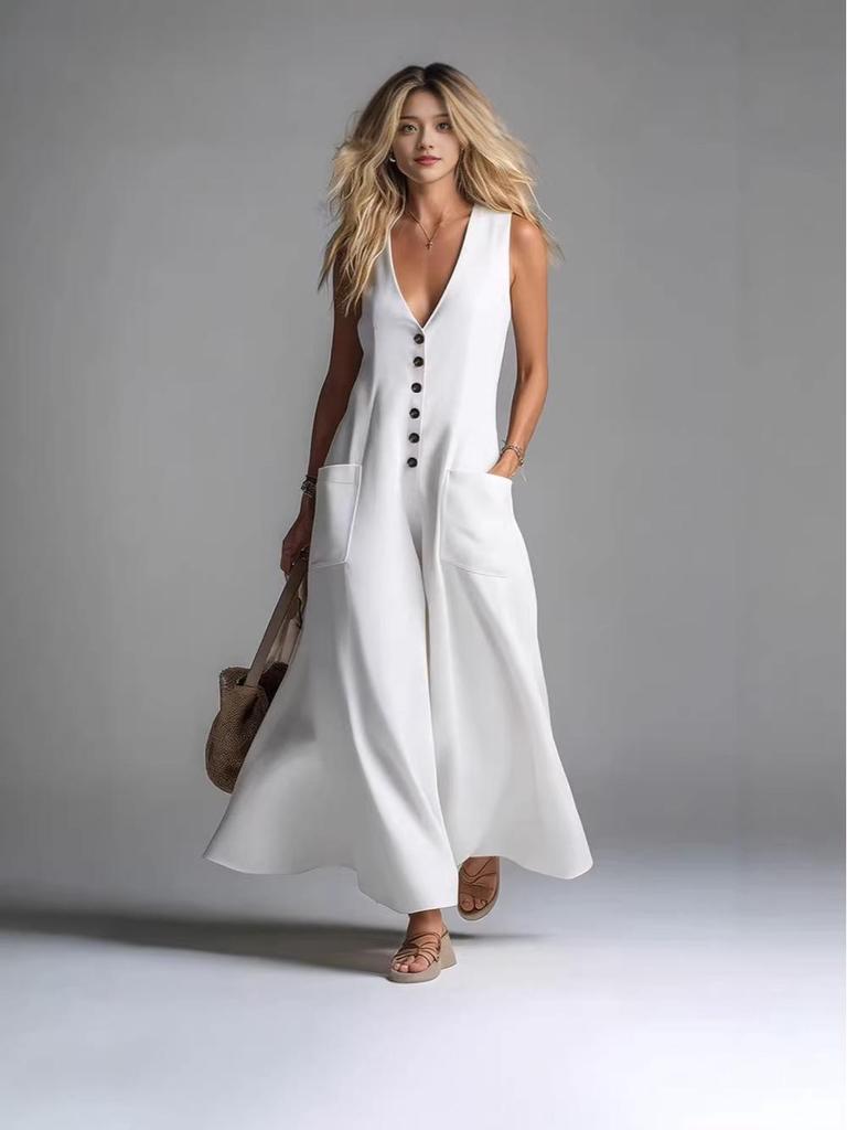 2026 Euro-American Deep V-Neck Sleeveless Pocket Long Dress