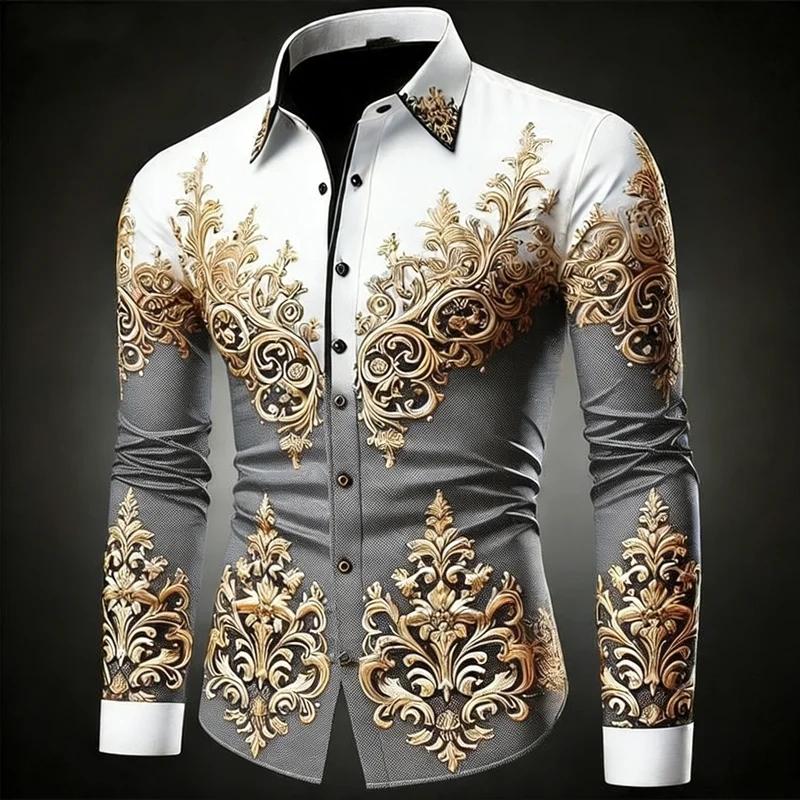 Men's Plus Size Hawaiian Shirt Long Sleeved Button Up Retro Floral 3D Print Gold Exquisite Pattern Fashionable 12 Colors Availab