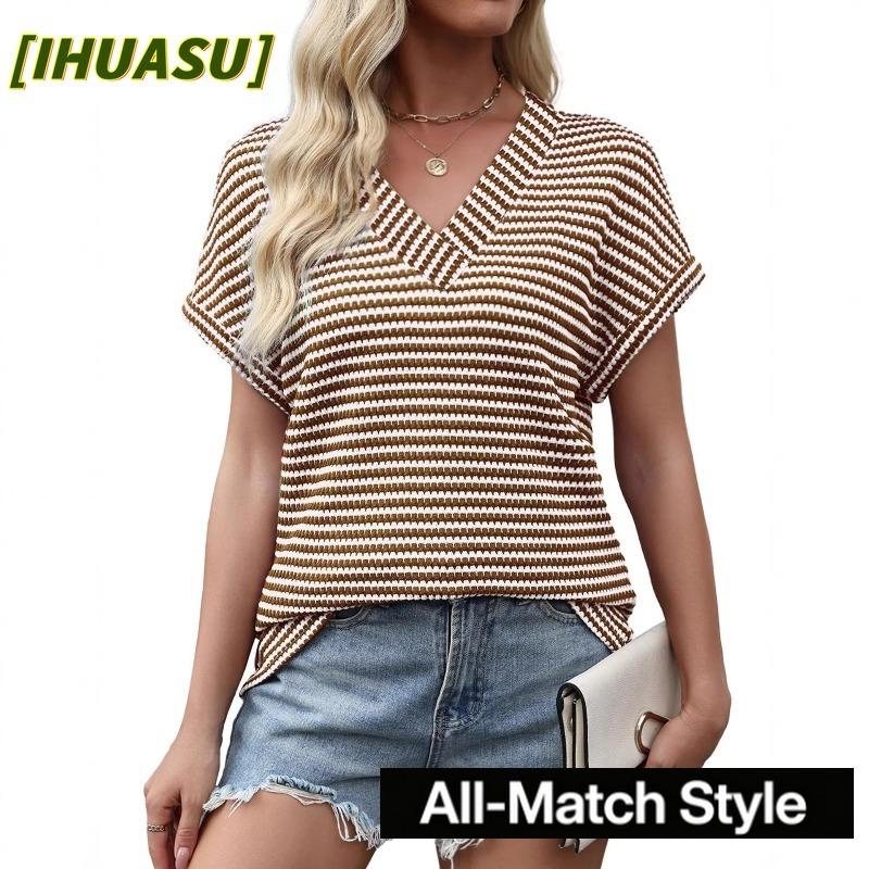 IHUASU Women's Fashion Casual V-Neck Short Sleeve Blouses & Shirts