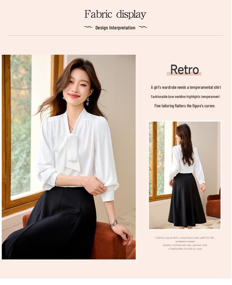 Women's Long Sleeve Blue Bow Chiffon Blouse - Professional French Workwear