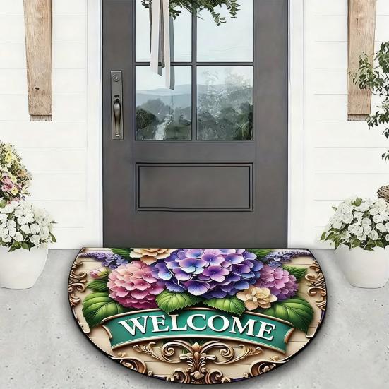Floral Doormat Absorbent Half Round Floor Mat Non-Slip Door Mat Decorative Entrance Rug for Living Room Bathroom Kitchen