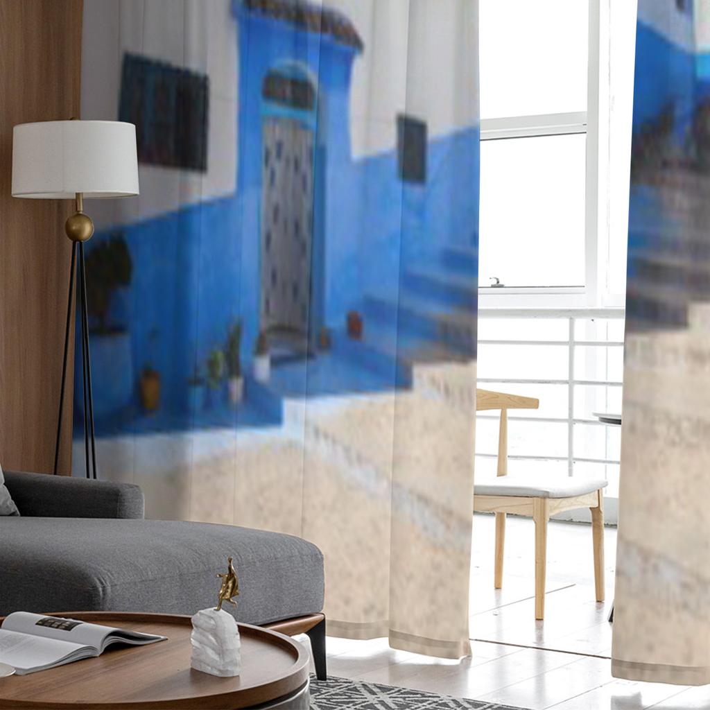 Casas tradicionais berberes azuis em Chefchaouen Cortinas transparentes de chiffon para sala de estar Decoração de quarto Voiles de janela Cortina de tule