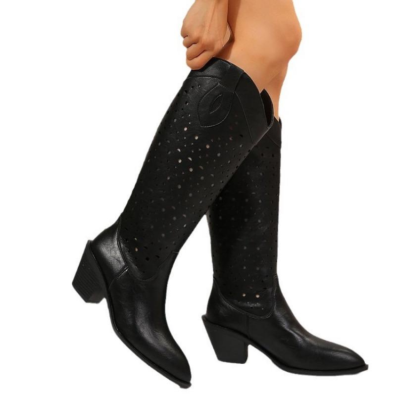 Women's boots fashion hollow thick heel mid-tube boots autumn retro style pointed sleeve mid-heel western boots women