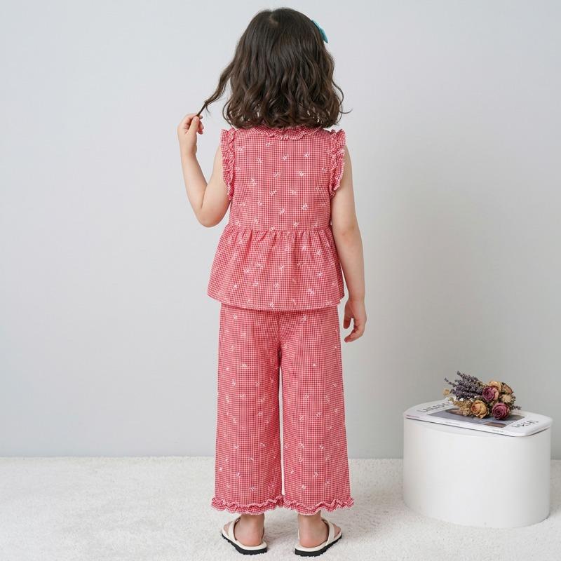 Sweet Little Girls Plaid Lace Vest Long Pants Two Piece Clothing Set