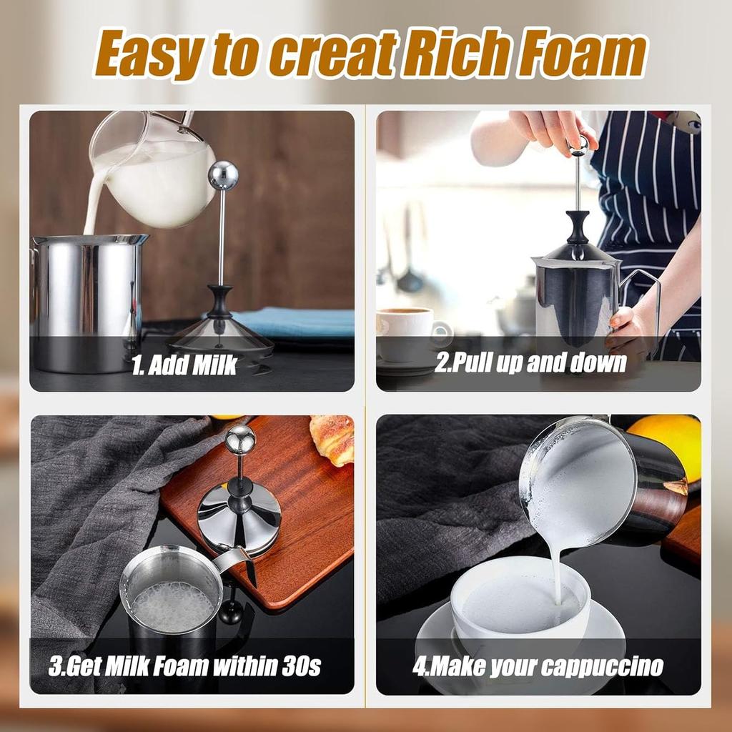 Stainless Steel Manual Milk Frother, Hand Pump Coffee Frother with Filter Screen for Cappuccino Coffee Latte Hot Chocolate (19oz/400ml) - Send Goods