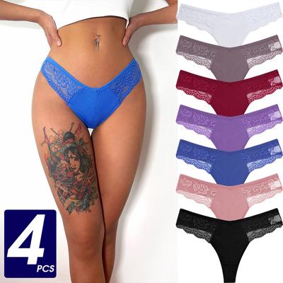 4 adet/takım seksi kadın pamuk külot dantel tanga iç çamaşırı kadın Intimates iç çamaşırı T-geri çiçek oymak artı boyutu külot
