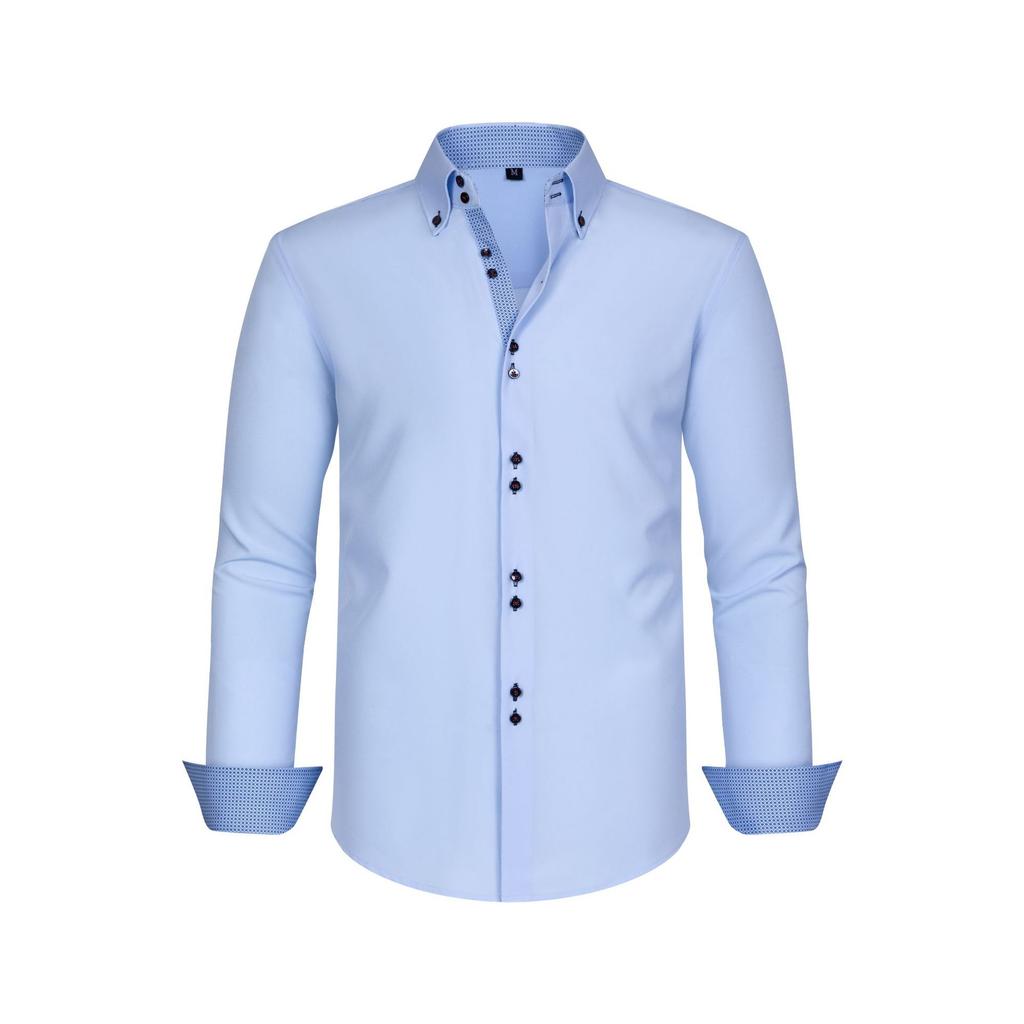 Four-sided Stretch Men's Shirt Polka Dot Color Block Design Double-breasted Color Blocking Shirt