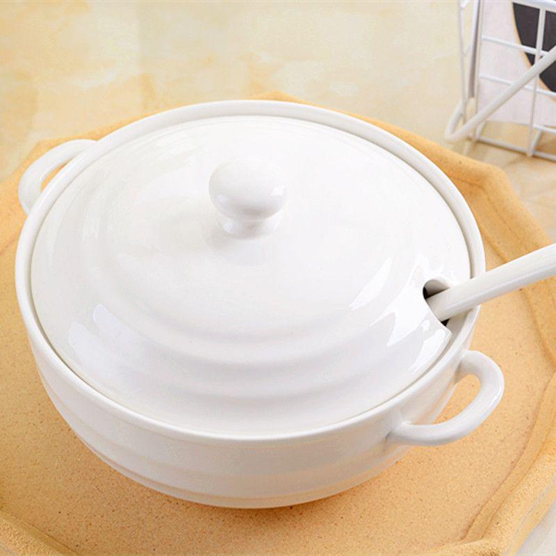 White Ceramic Double-Eared Soup Pot with Lid, Large Capacity Stew and Rice Bowl, Microwave Safe Steamed Egg Basin.