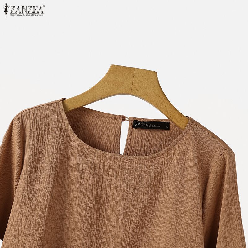 ZANZEA Womens Casual Round Neck Long Sleeve Ruffles Splice Loose Blouse