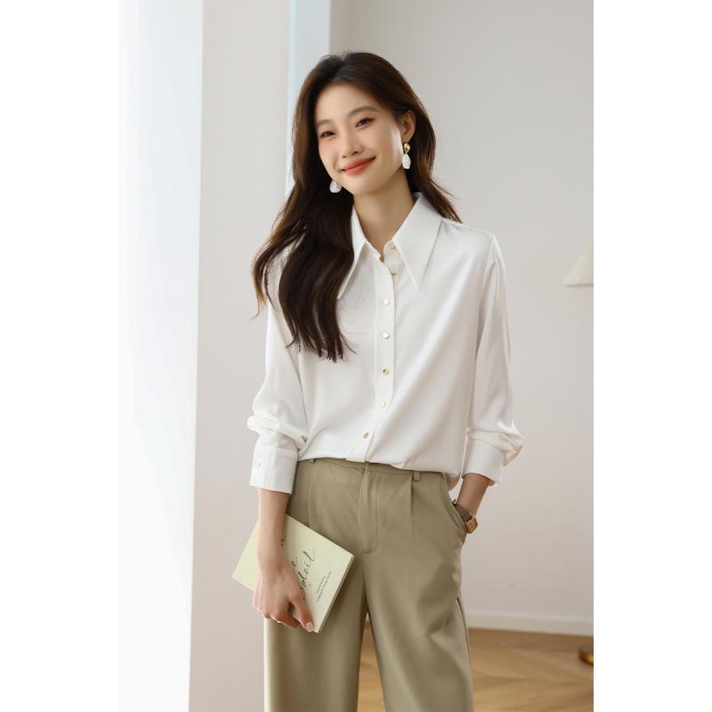 Mulberry Silk White Long Sleeve Women's Shirt - Versatile for Spring/Autumn 2026 Casual & Professional Wear