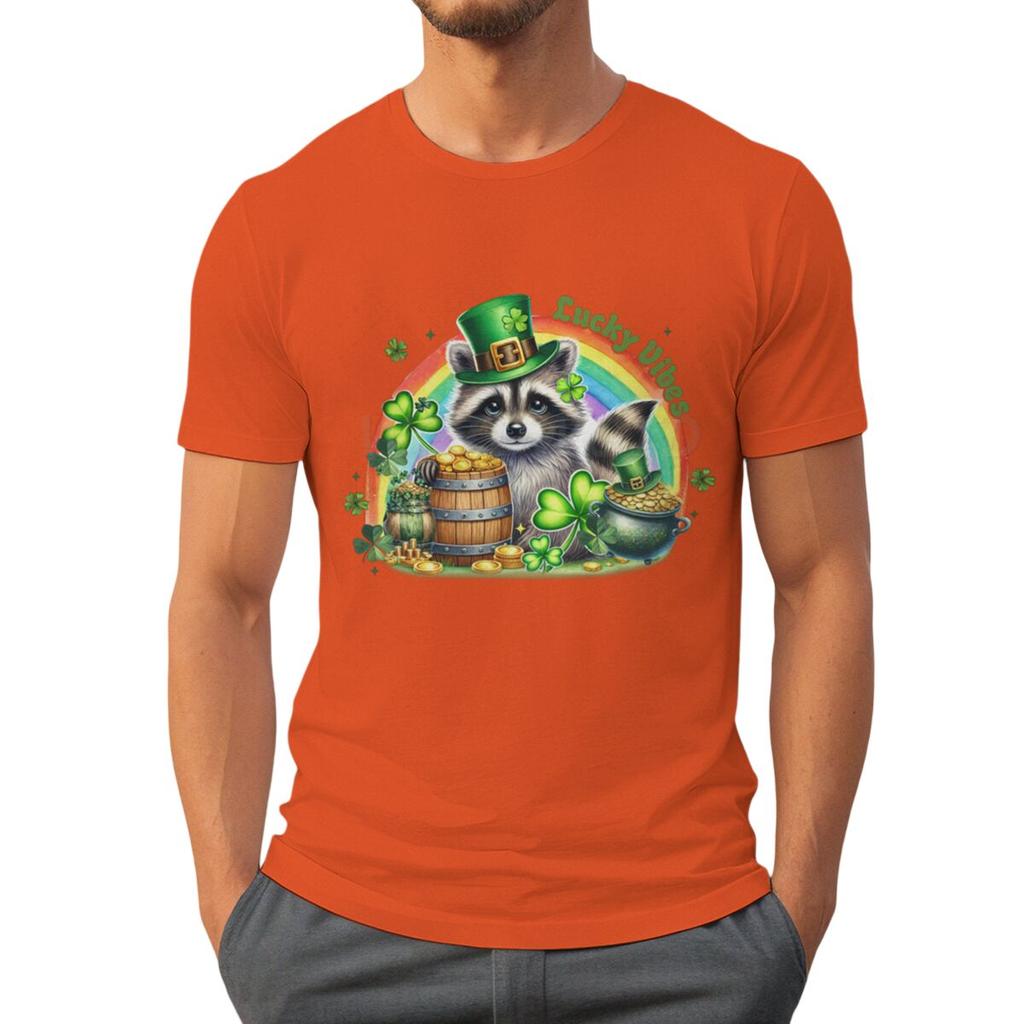 St Patricks Day Raccoon Shirt Lucky Vibes Short Sleeve Round Neck Tee Cartoon Lucky Raccoon St Patricks Day Unisex TShirt
